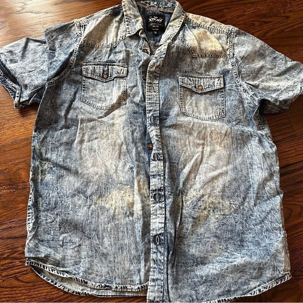 Men's XRAY 90s Blue Acid-Wash Short Sleeve Button Down Shirt XL Retro